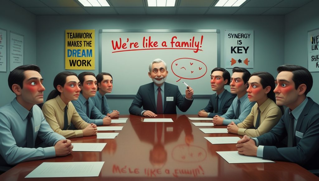 A satirical corporate office scene.